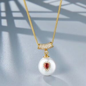 Baroque Pearl Necklace with Red Natural Garnet Stone 18k Gold on Sterling Silver